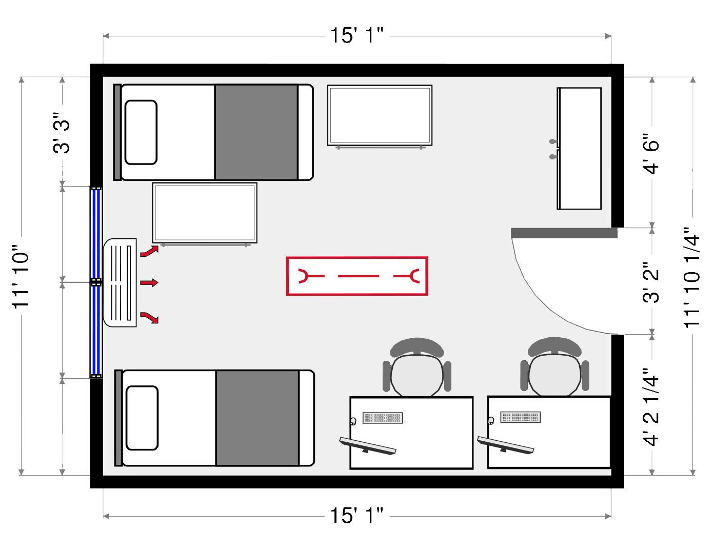 One rectangular room design featuring an air conditioner, two desks, and two beds. The beds are placed parallel at the left end of the room.