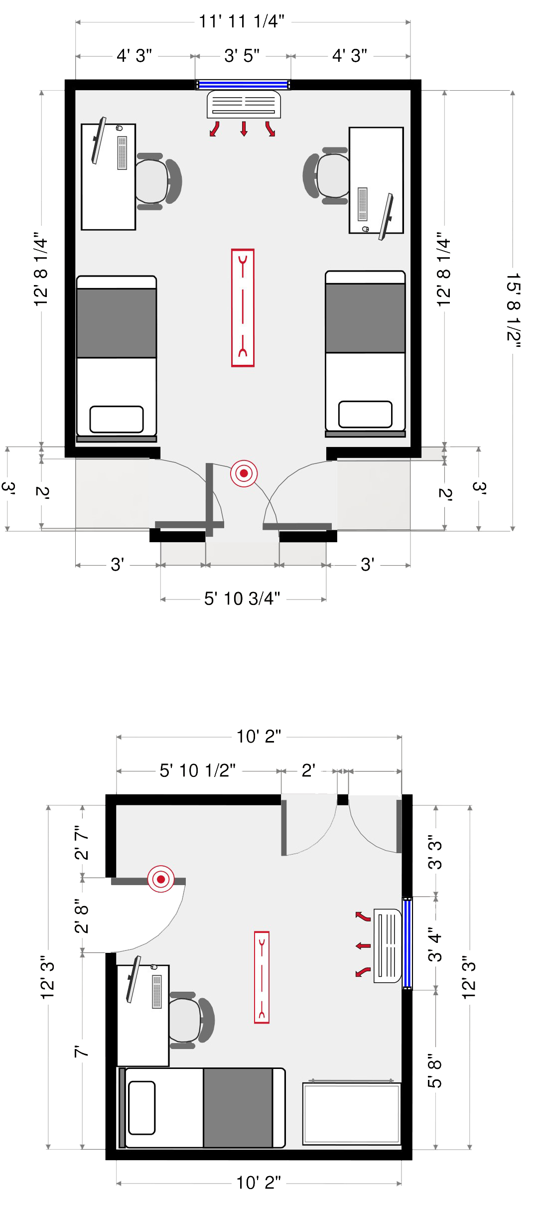 Two rectangular room designs can be seen with the first containing two beds, two desks, and one air conditioner. The desks and beds are placed on opposite left and right ends. The second design features only one bed, desk, and air conditioner. The bed and desk are placed in the bottom left corner of the room design.