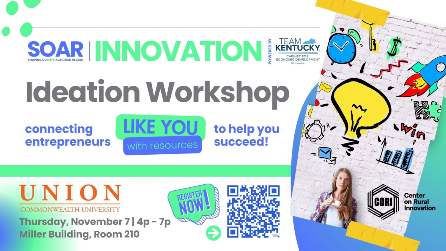 Workshop flyer features a young woman with brightly colored graphics of a lightbulb over her head, a rocket, a clock, a dollar sign and more. Logos for SOAR, UNION, and TEAM KENTUCKY are included.