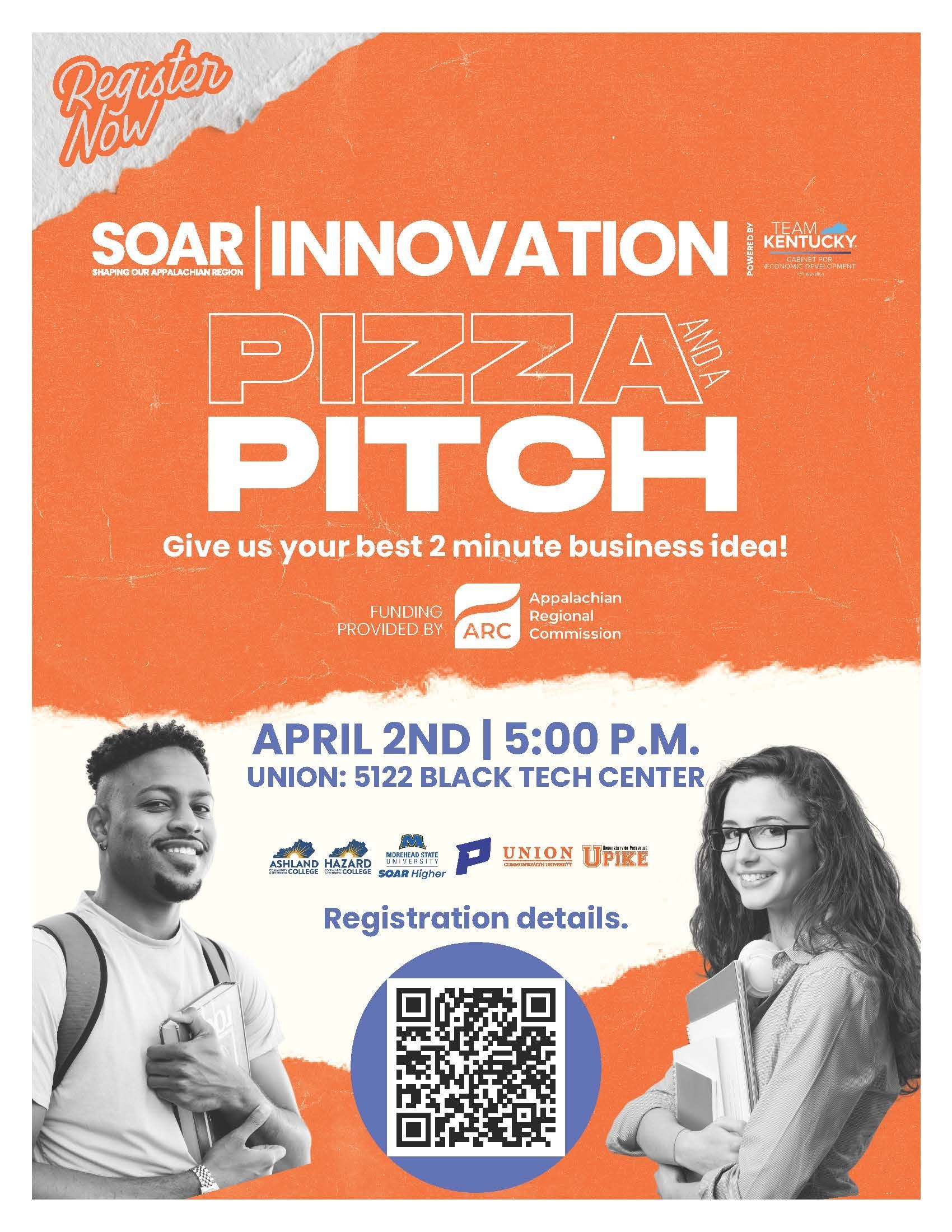 Pizza and a Pitch Flyer showing two students and text: Give us your best 2 minute business idea! April 2nd | 5:00 P.M. Union: 5122 Black Tech Center.
