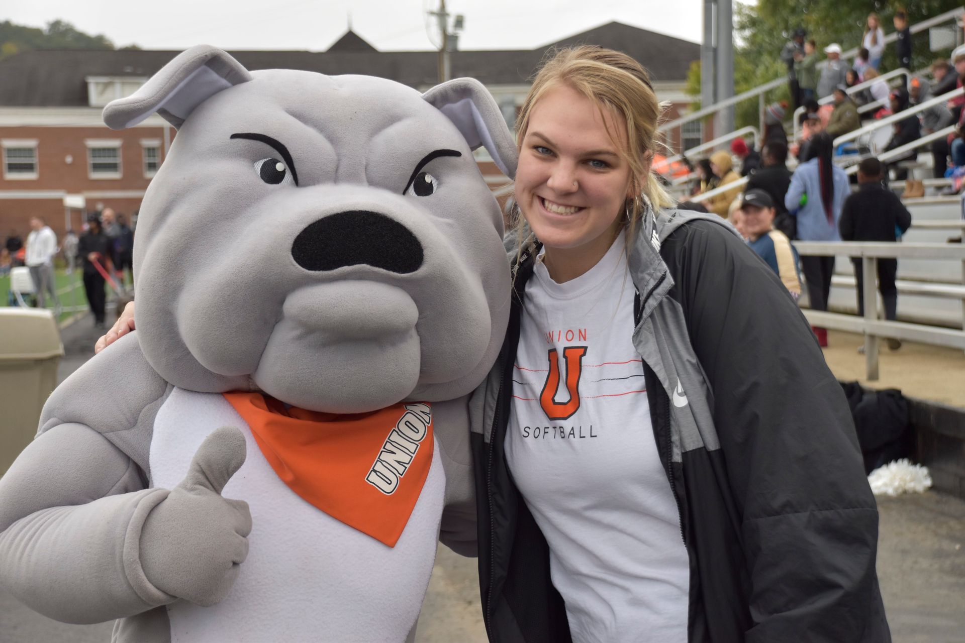 Allie posing with Union mascot Mack the Bulldog.