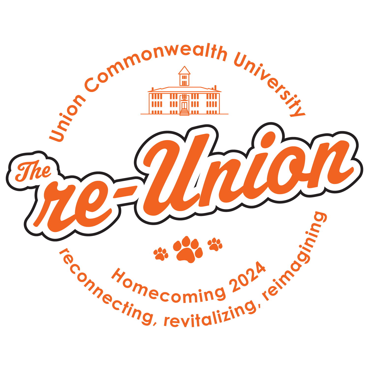 The re-Union logo includes a graphic of Centennial Hall, orange paw prints, and the words reconnecting, revitalizing, reimagining