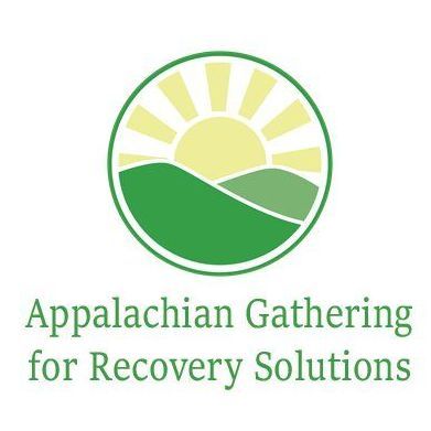 A logo made up of a yellow sun behind two green mountains in a green and white circle sits above the text Appalachian Gathering for Recovery Solutions.