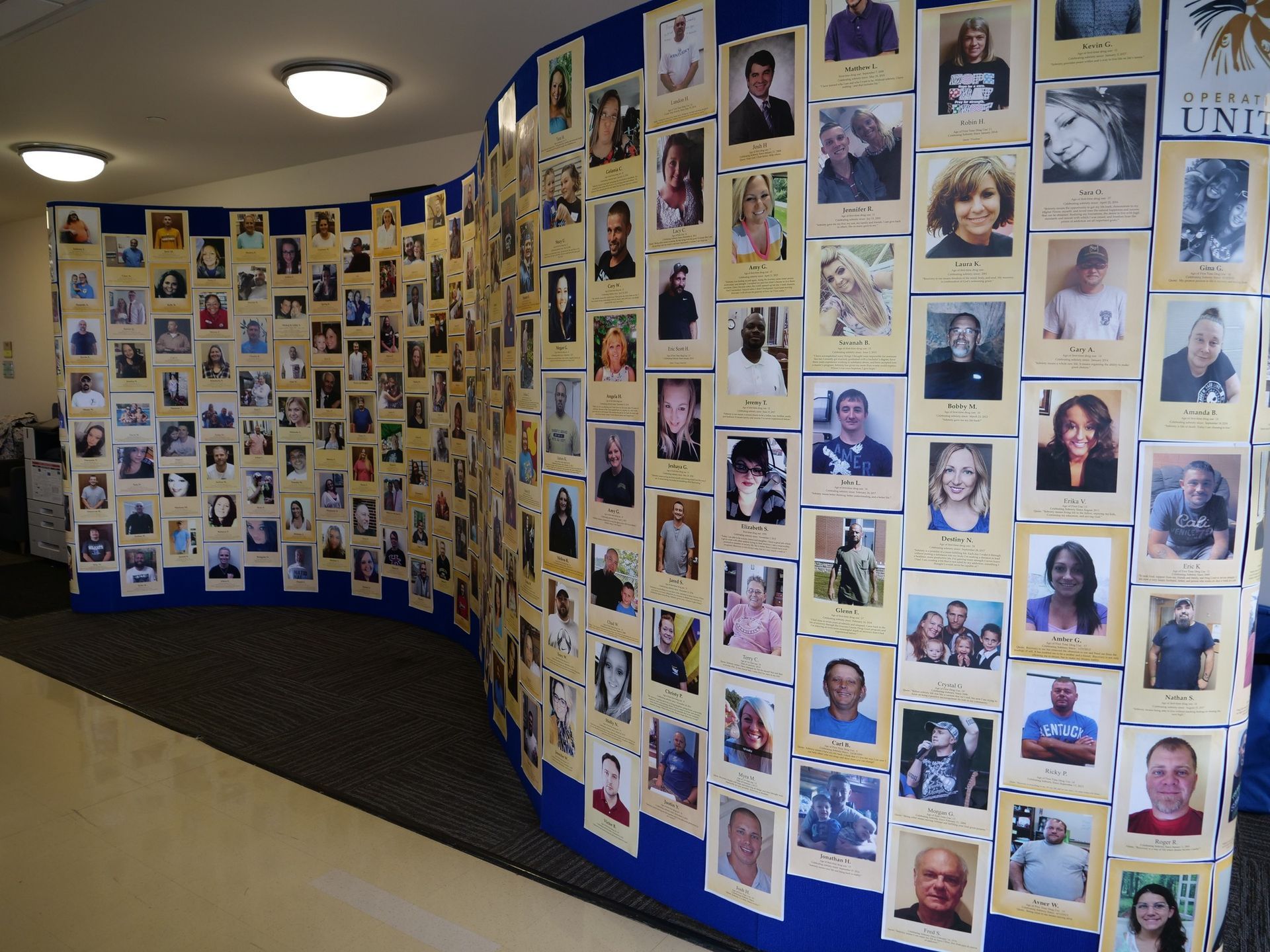 A wall of photos with individual stories under each person displayed celebrating sobriety.