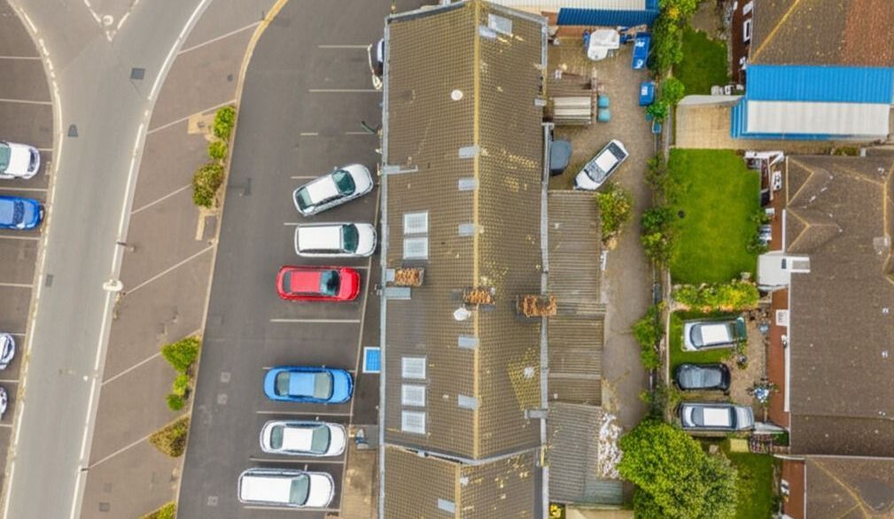 aerial view of commercial building roofs
