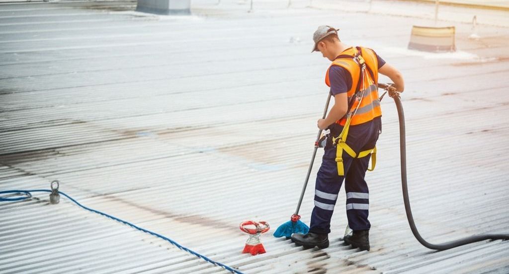 man cleaning industrial roof