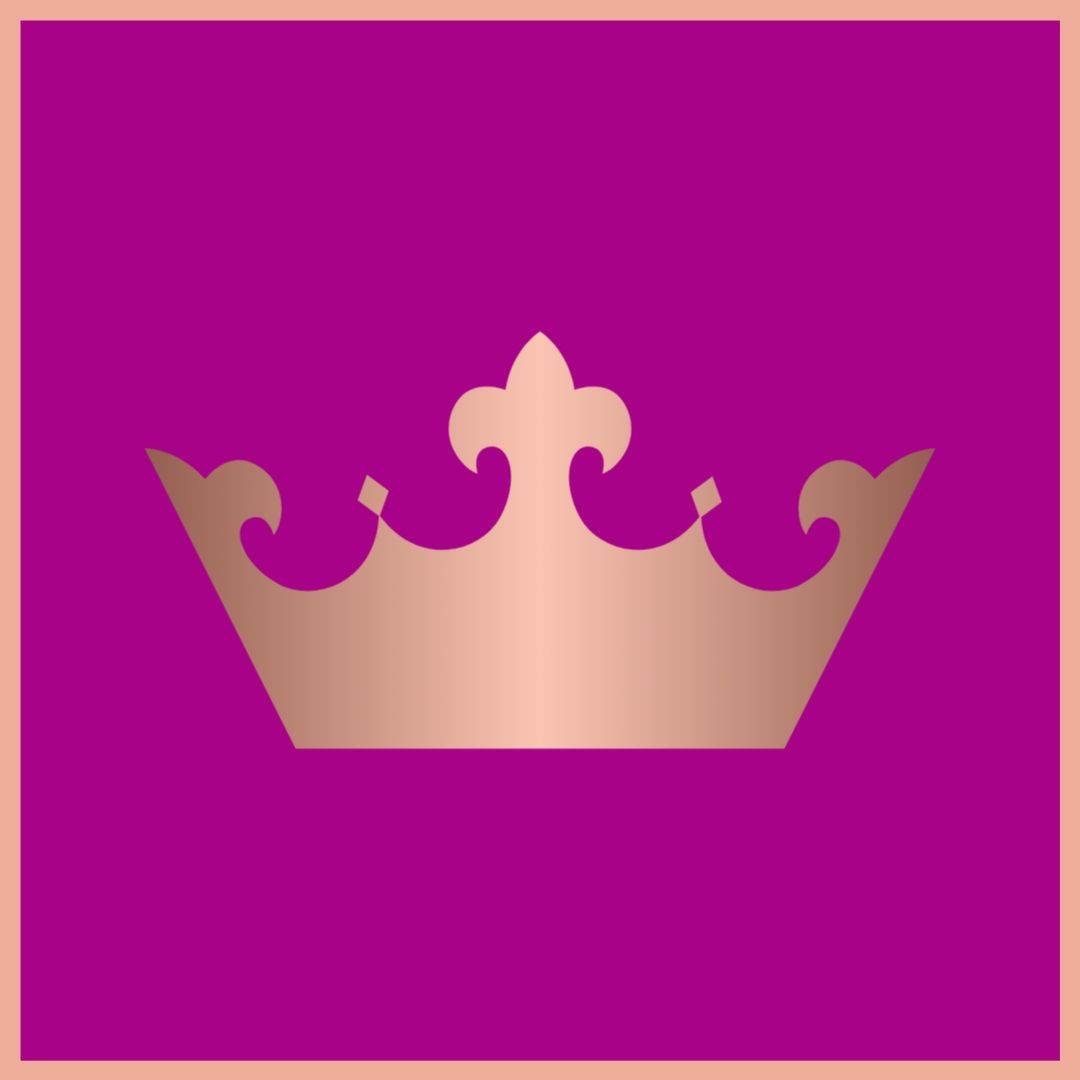 Rose gold crown on a bright pink square, set within a pale pink square frame.