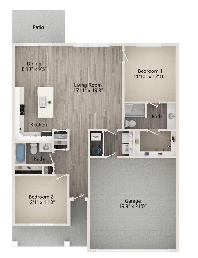 Floor plan of a house with two bedrooms, kitchen, dining, living room, bath, and garage.
