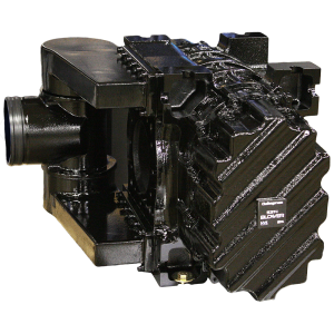 A close up of a black machine with a white background