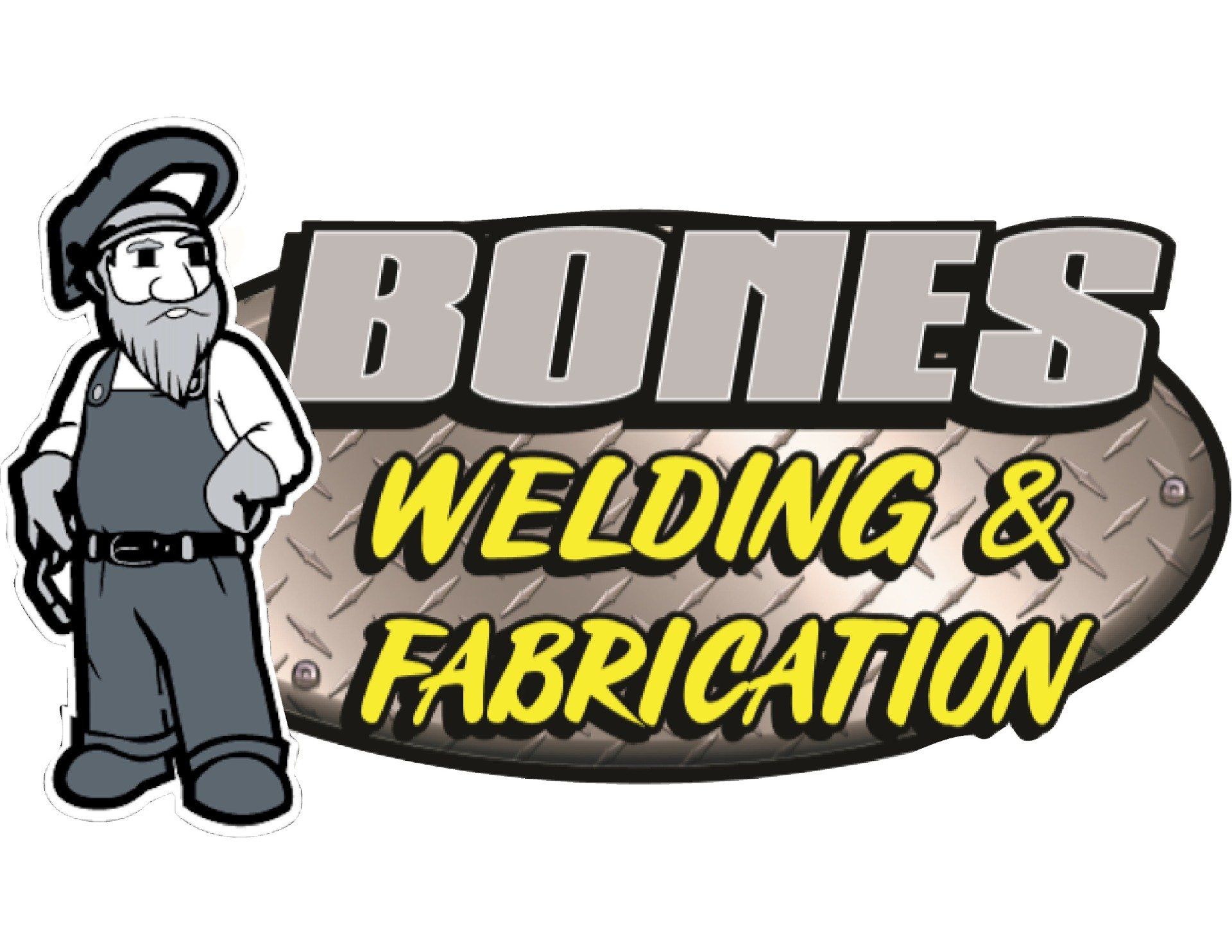 A logo for bones welding and fabrication with a cartoon of a man in overalls.