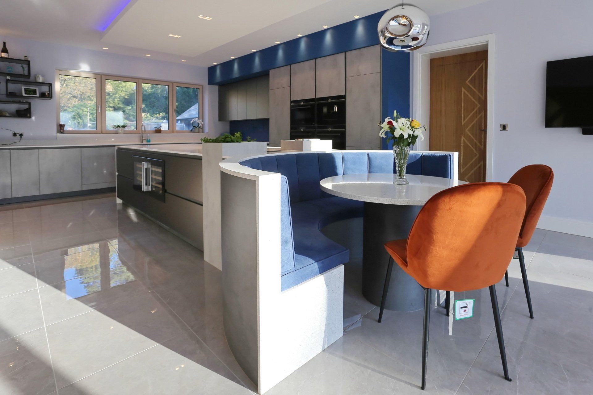 we combined bright, plush fabrics with clean metal lines to create a pleasing contrast