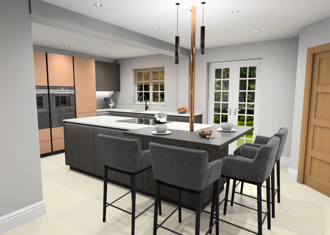 Modern kitchen with island, seating, and copper accents. Dark grey cabinetry, light floor, and window with view.