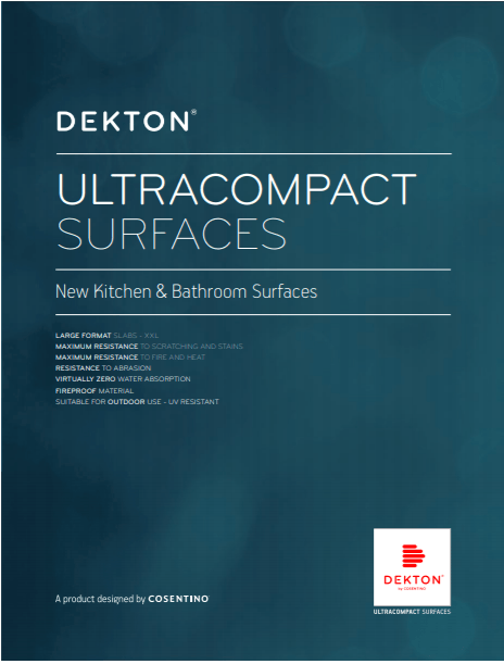 Dekton Ultracompact Surfaces brochure. Dark blue cover with white text promoting new kitchen & bathroom surfaces. Dekton logo.