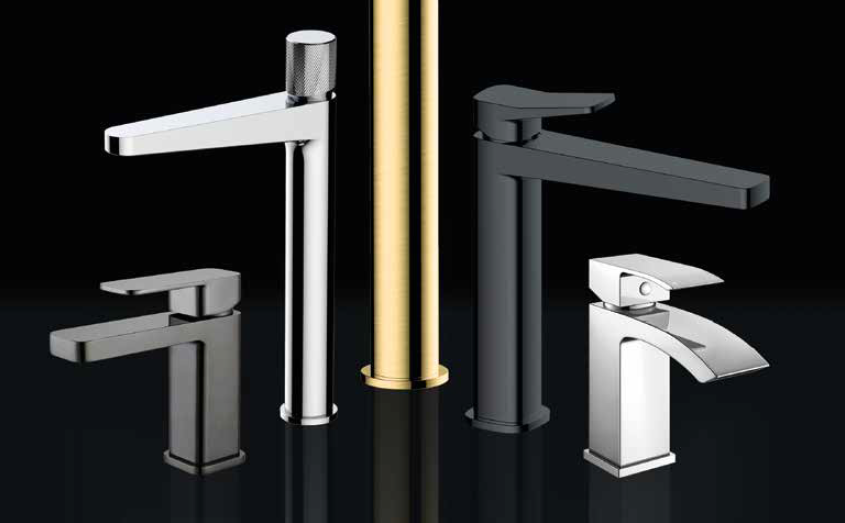 Four modern bathroom faucets in chrome, gold, and dark gray against a black backdrop.