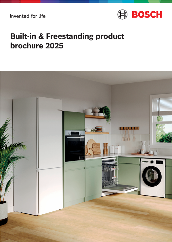 Bosch product brochure cover: modern kitchen with built-in appliances and washer, featuring white and green cabinets.