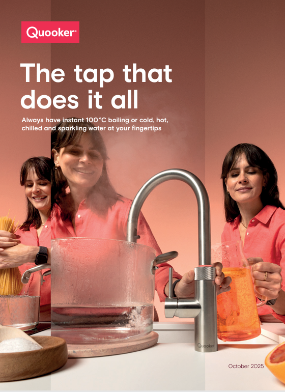 Quooker tap ad: Woman using tap for boiling and cold water. Text