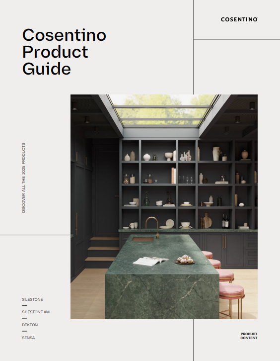Cosentino Product Guide cover featuring a dark kitchen with green countertop and built-in shelving.