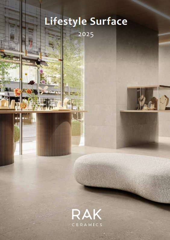 RAK Ceramics brochure cover: modern shop interior with displays and an abstract bench, neutral tones.