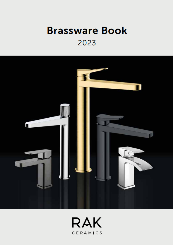 RAK Ceramics Brassware Book 2023 cover, featuring various faucet designs in gold, chrome, and matte black finishes.