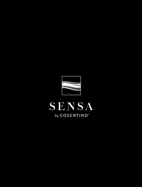 SENSA by Cosentino logo on a black background; a square icon with white strokes above the word SENSA.