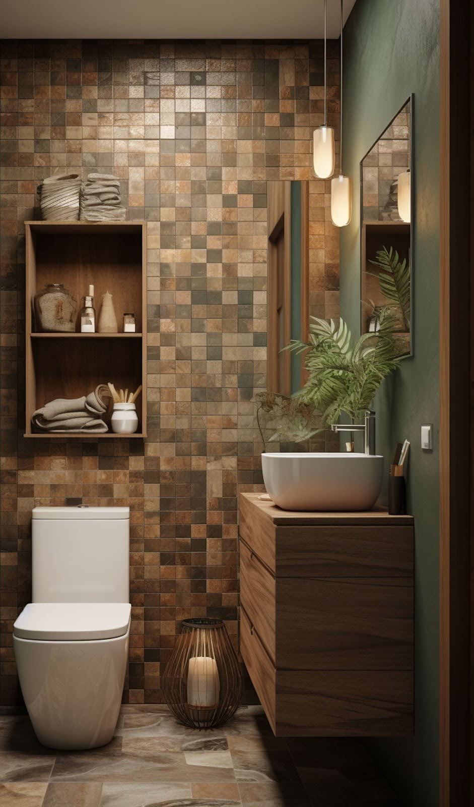 A bathroom designed with natural wood and tiles with a toilet , sink and mirror.