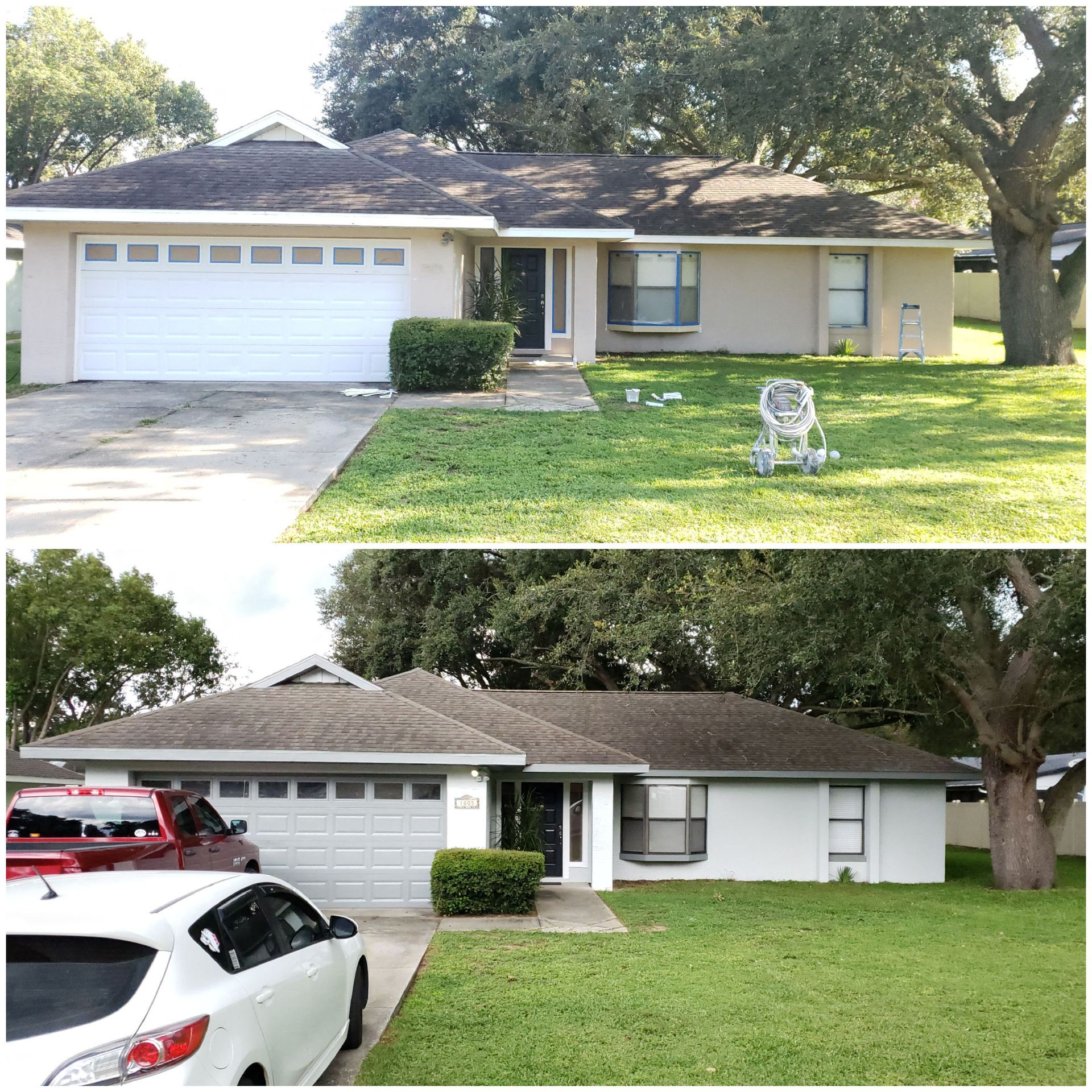 A before and after picture of a house with a car parked in front of it.