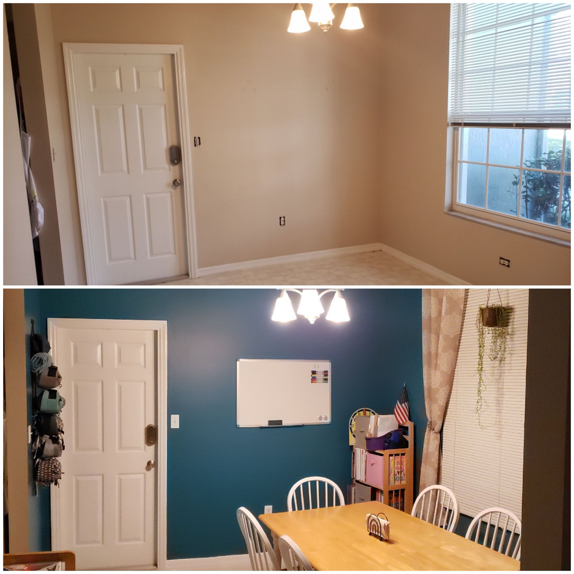 A before and after photo of a dining room