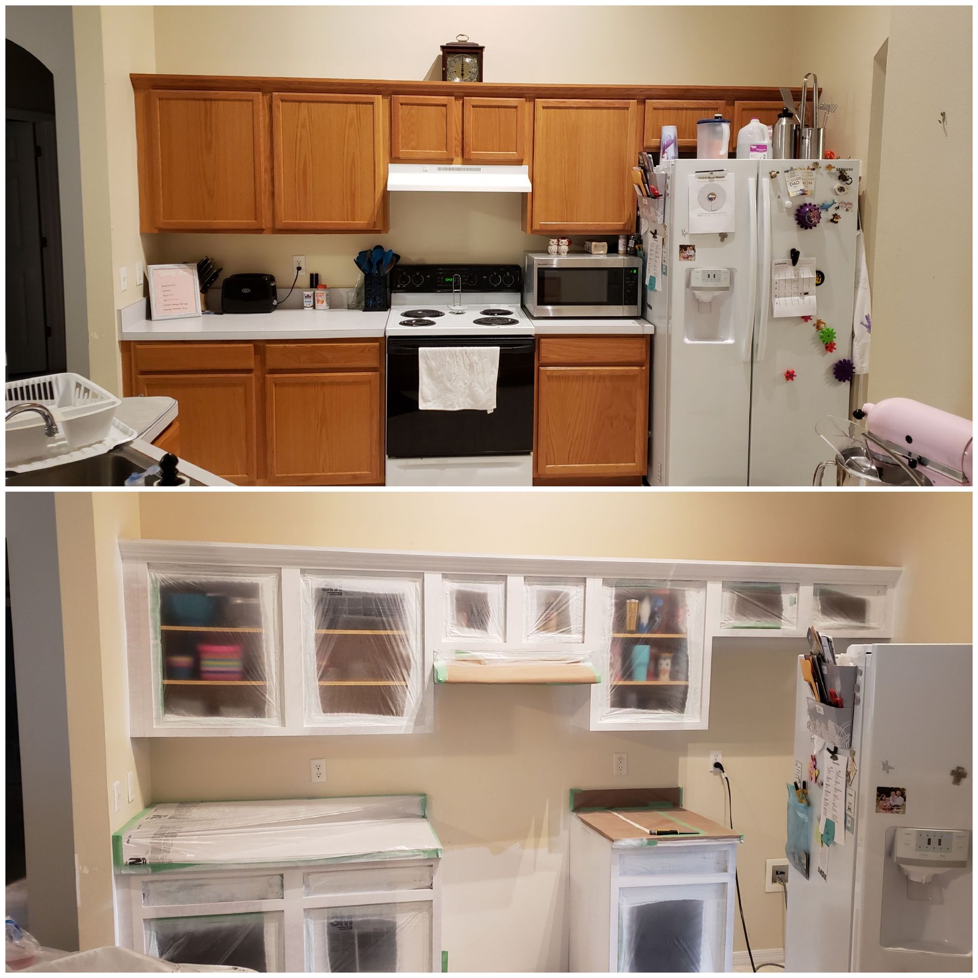 A before and after photo of a kitchen with wooden cabinets and a white refrigerator.