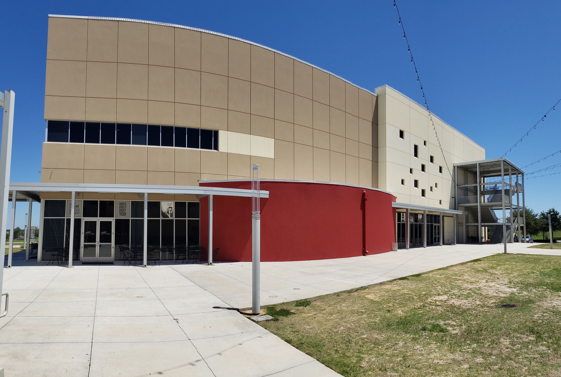 A large building with a red circle in the middle