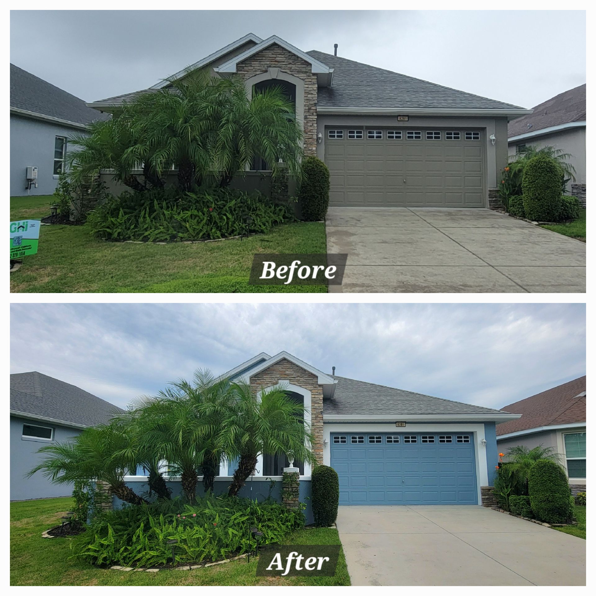 A before and after picture of a house with a blue garage door
