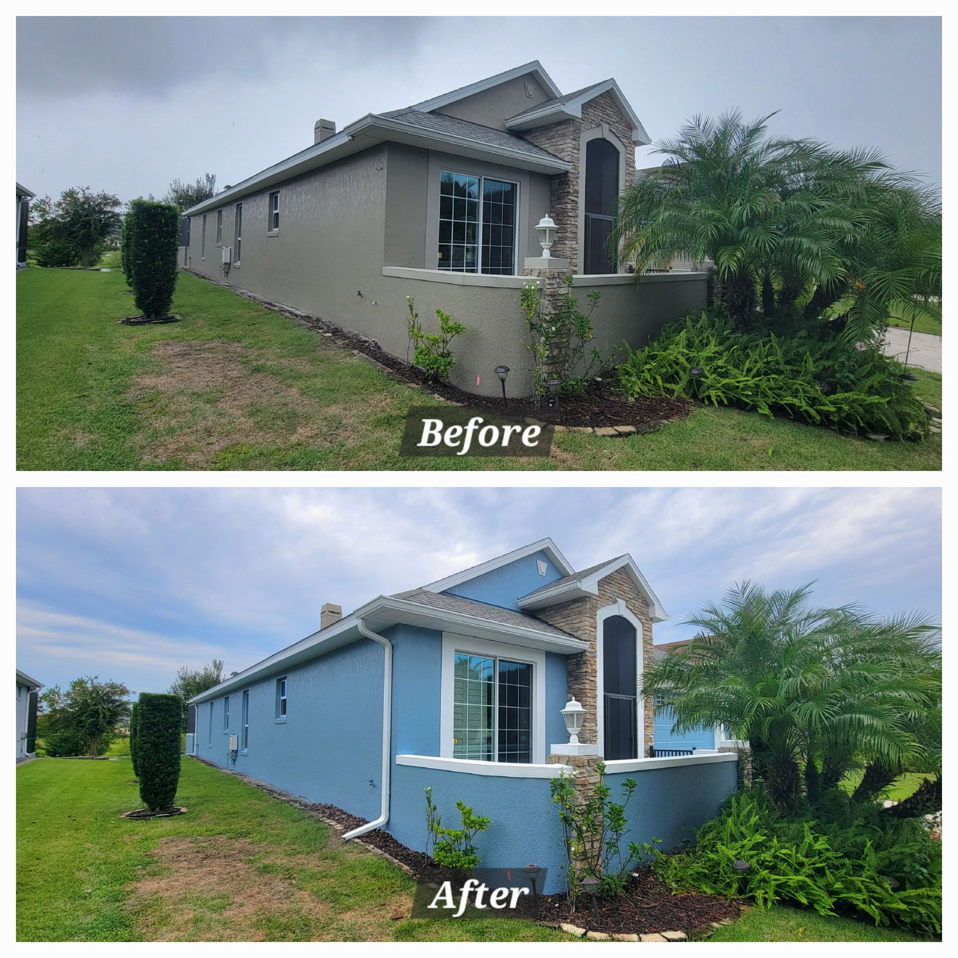 A before and after picture of a house painted blue.