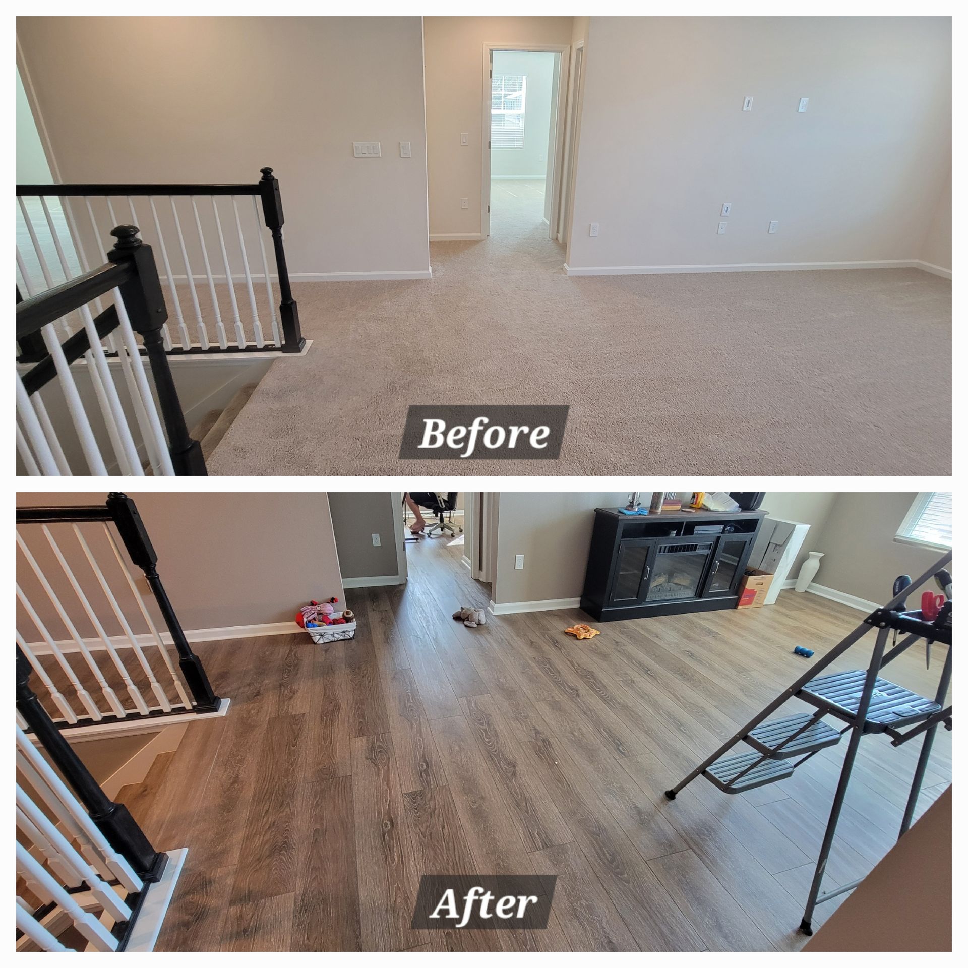 A before and after photo of a living room with hardwood floors.