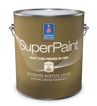 Blue can of SuperPaint interior acrylic latex paint and primer, flat finish, with handles and white lid