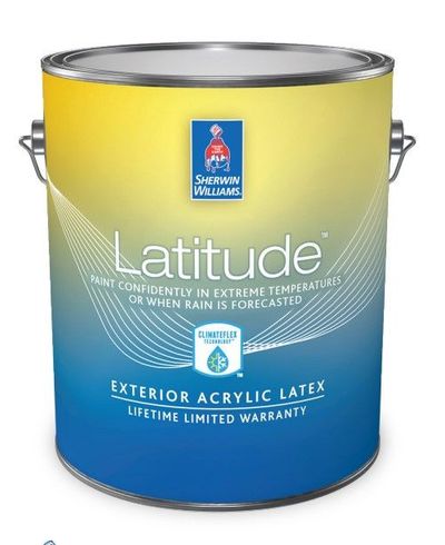 Blue and yellow Sherwin-Williams Latitude exterior acrylic latex paint can, flat finish, 1 gallon
