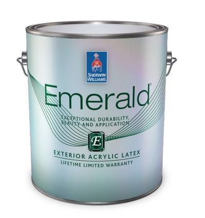 A can of Sherwin-Williams Emerald interior paint in Extra White, flat finish.