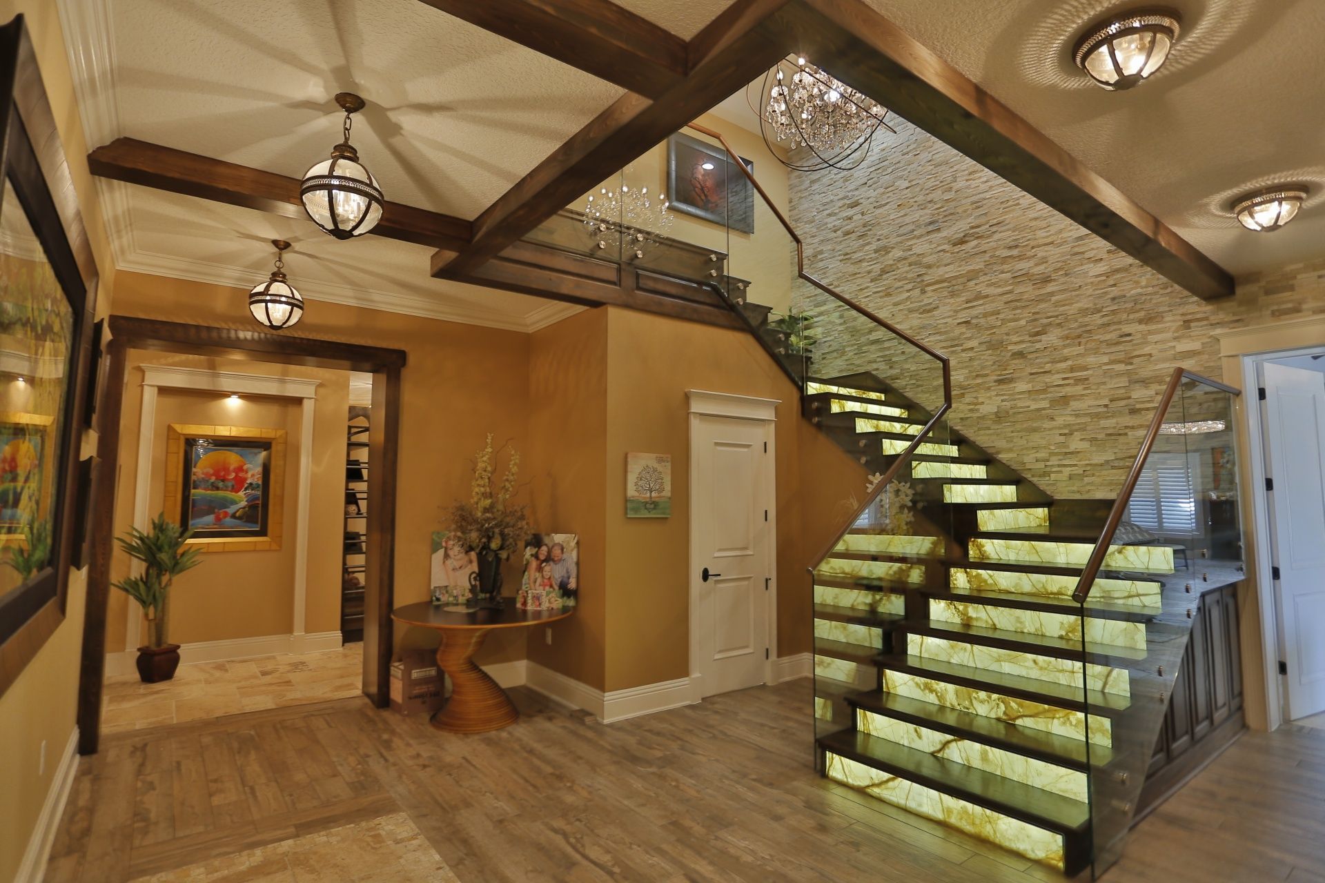 There is a staircase in the middle of the room.