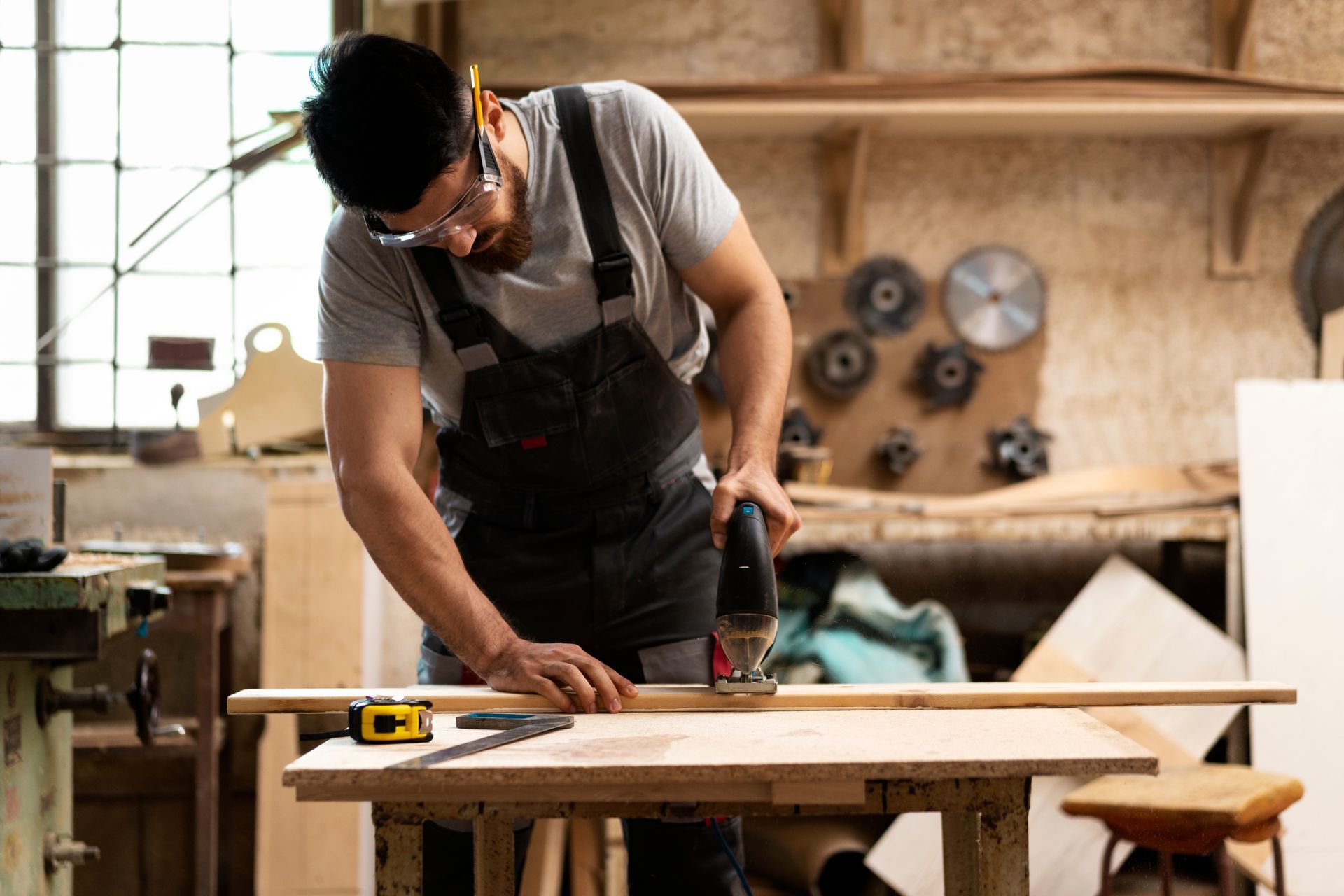 A man is working on a piece of wood in a workshop.