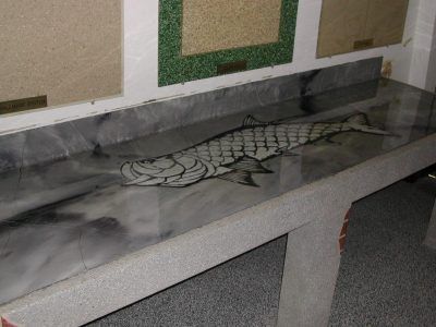 Fish skeleton artwork in a shallow concrete trough with black-and-white swirls.