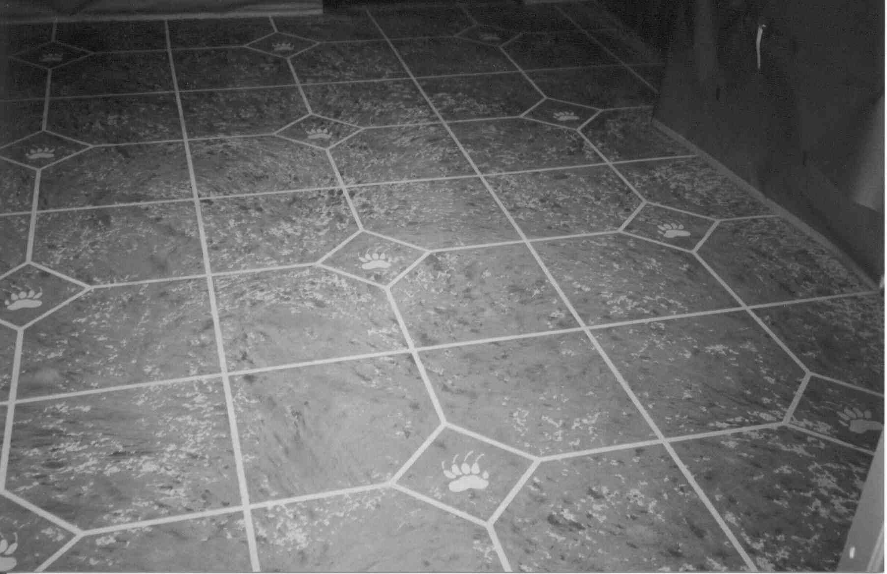 Dim tiled floor with pentagon-and-hexagon pattern in low light