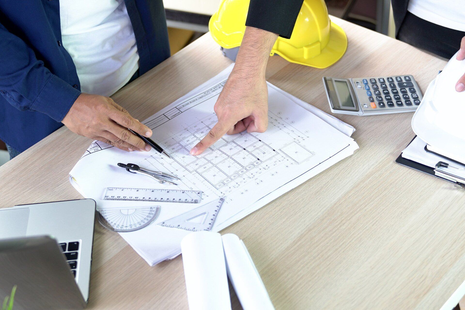 Work table architect with drawing home plan building and stationary in home office
