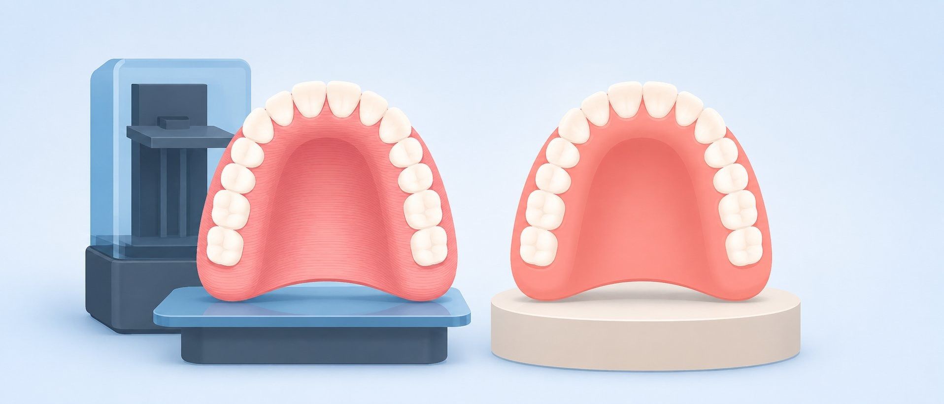 Illustration comparing a 3D printed denture and a traditional heat-cured denture