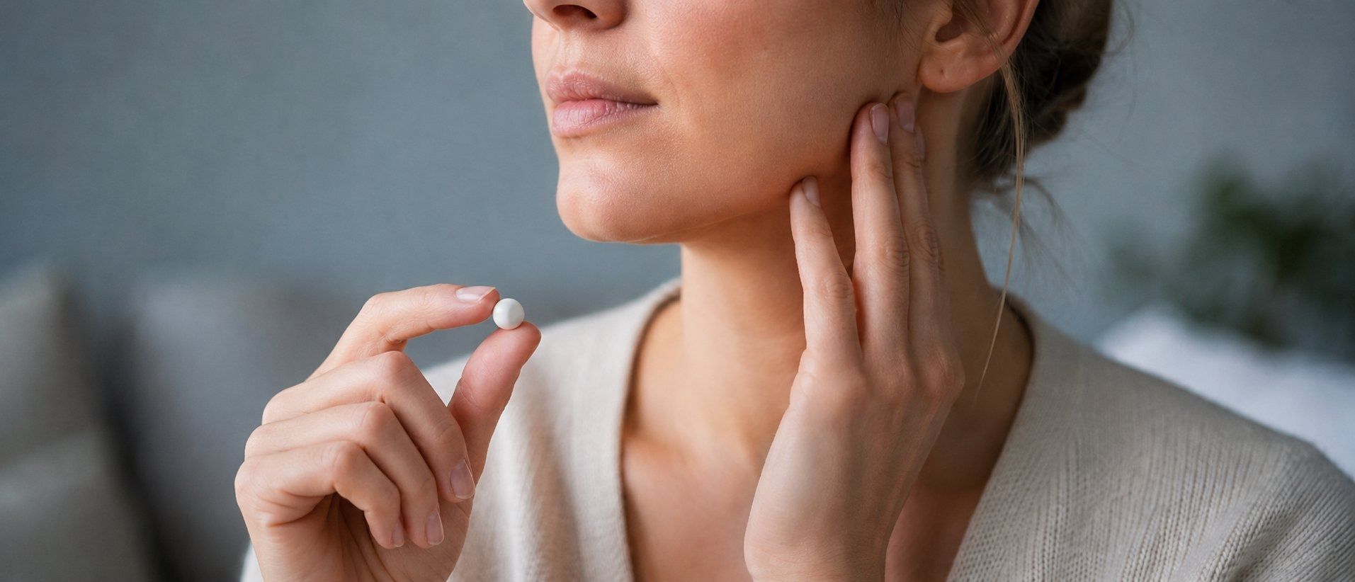 Woman holding a prescription pill while touching their jaw, illustrating medication-induced bruxism