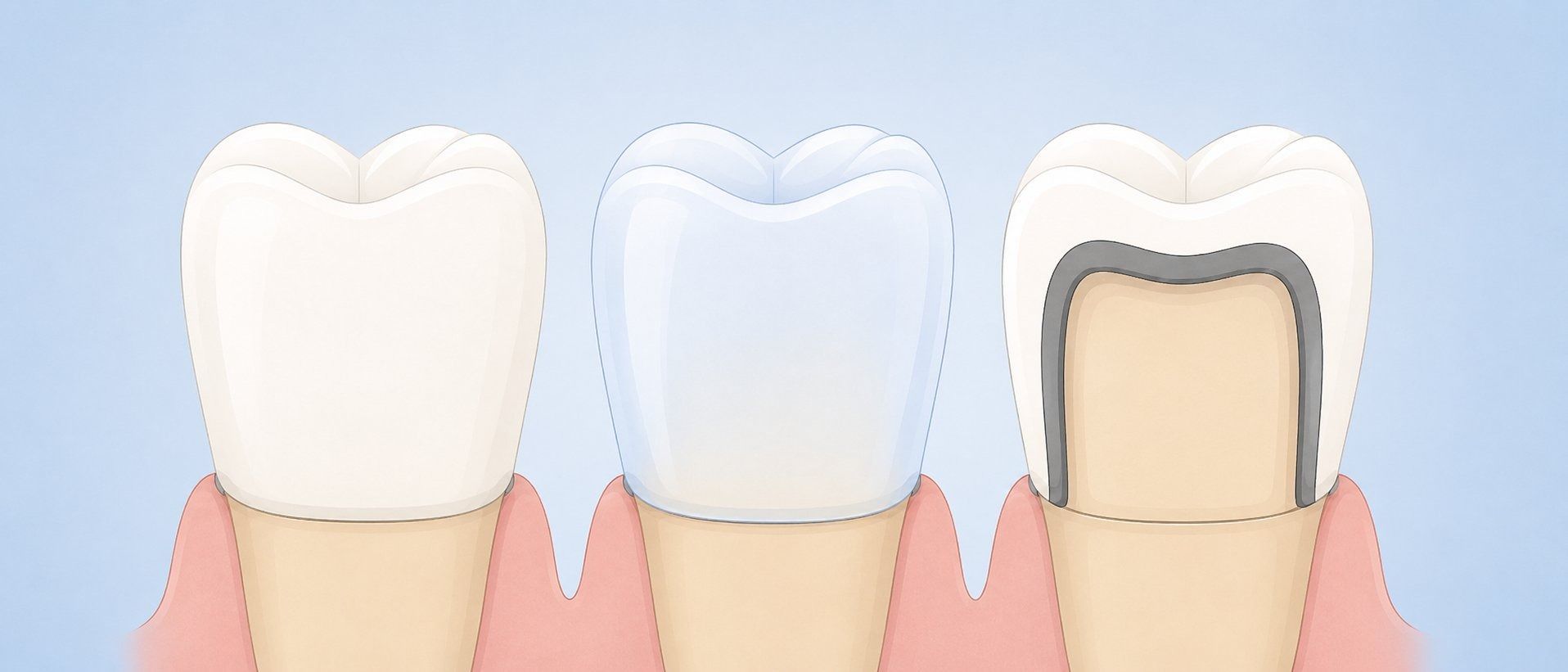 Cross-section illustration of zirconia, e-max, and PFM crowns on prepared teeth