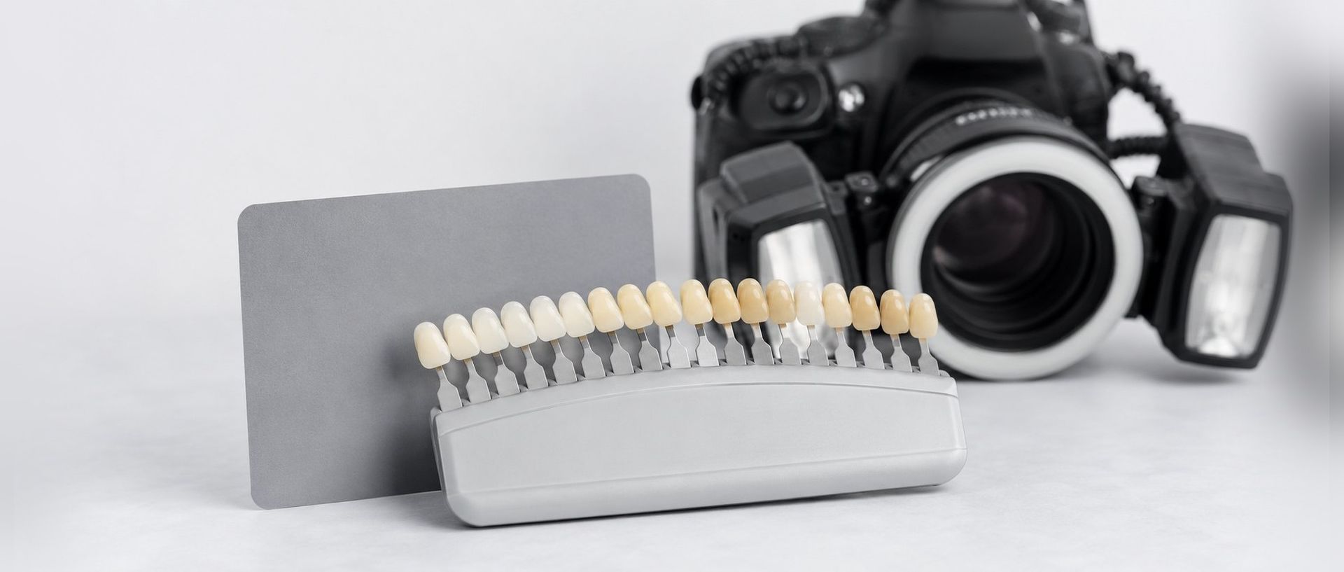Dental shade guide, gray card, and camera used for shade communication with your lab