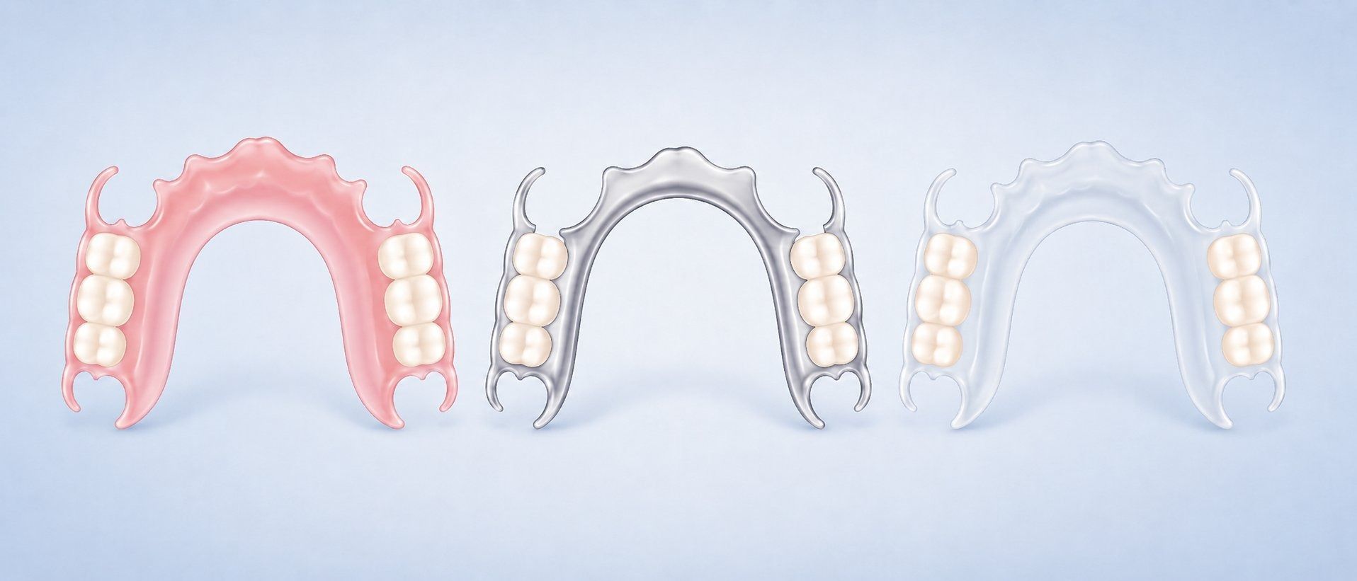 Illustration comparing flexible nylon, cast metal, and clear acetal partial denture frameworks