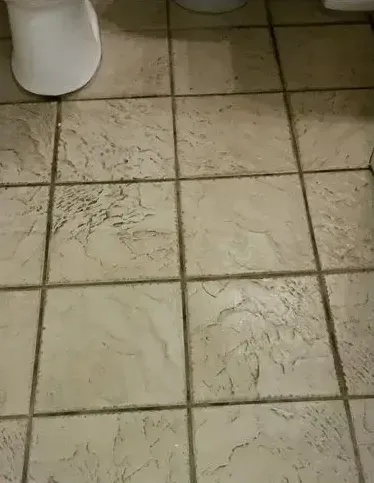 A close up of a tiled floor in a bathroom next to a toilet.