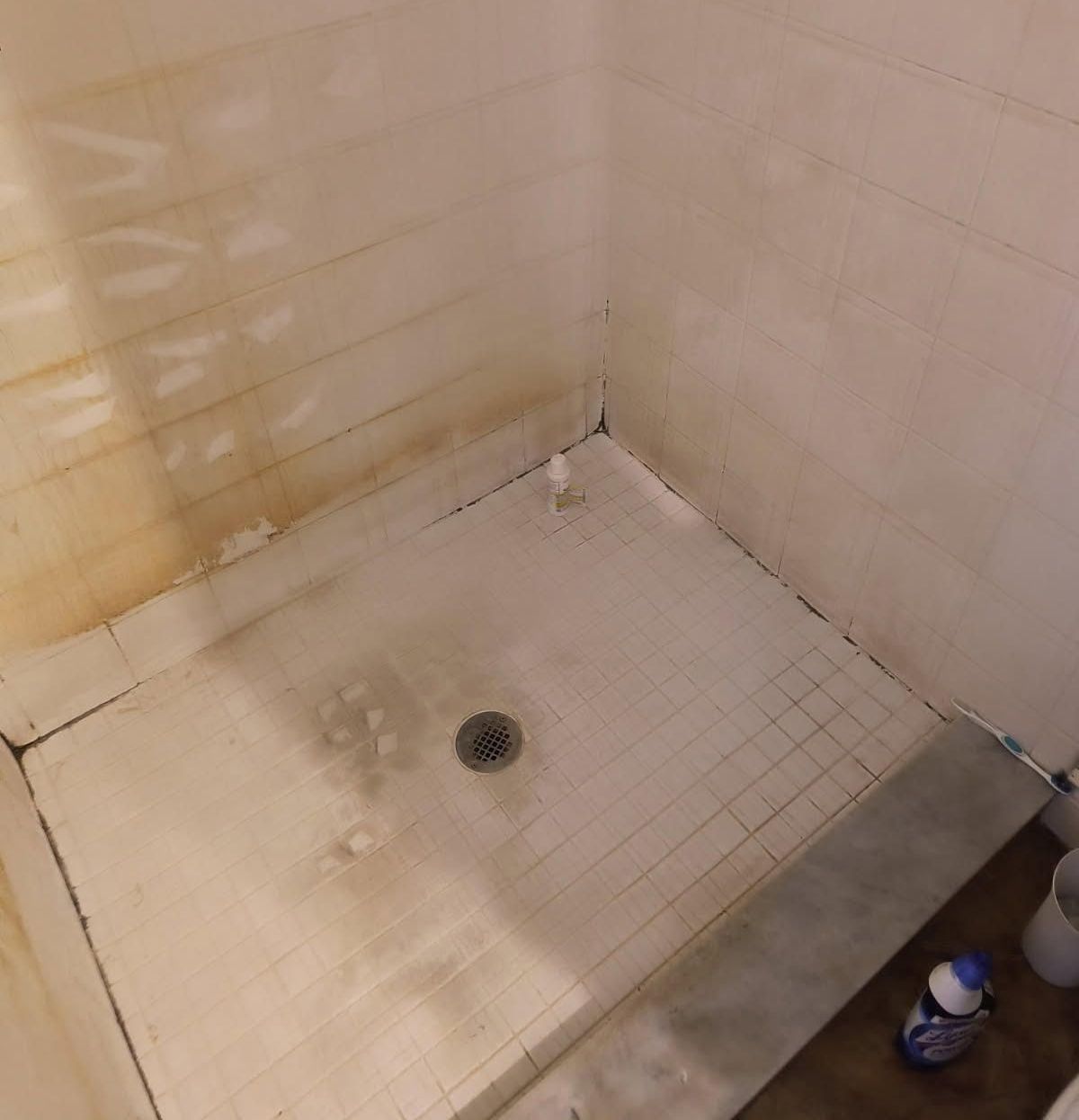 A bathroom with a shower stall and a toilet.