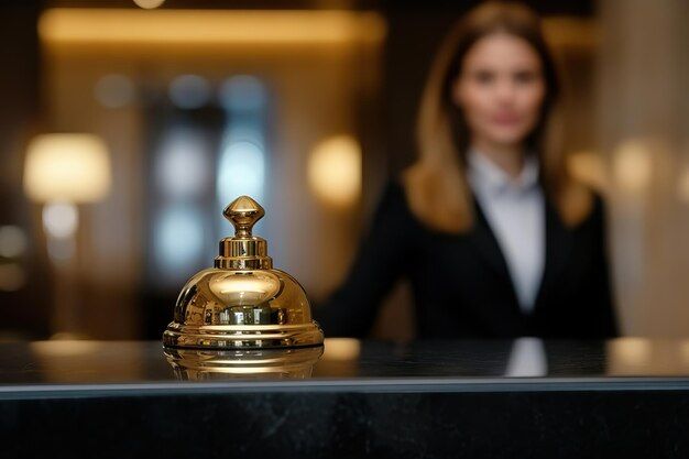 Une femme se tient derrière le bureau de réception d'un hôtel avec une cloche dessus.