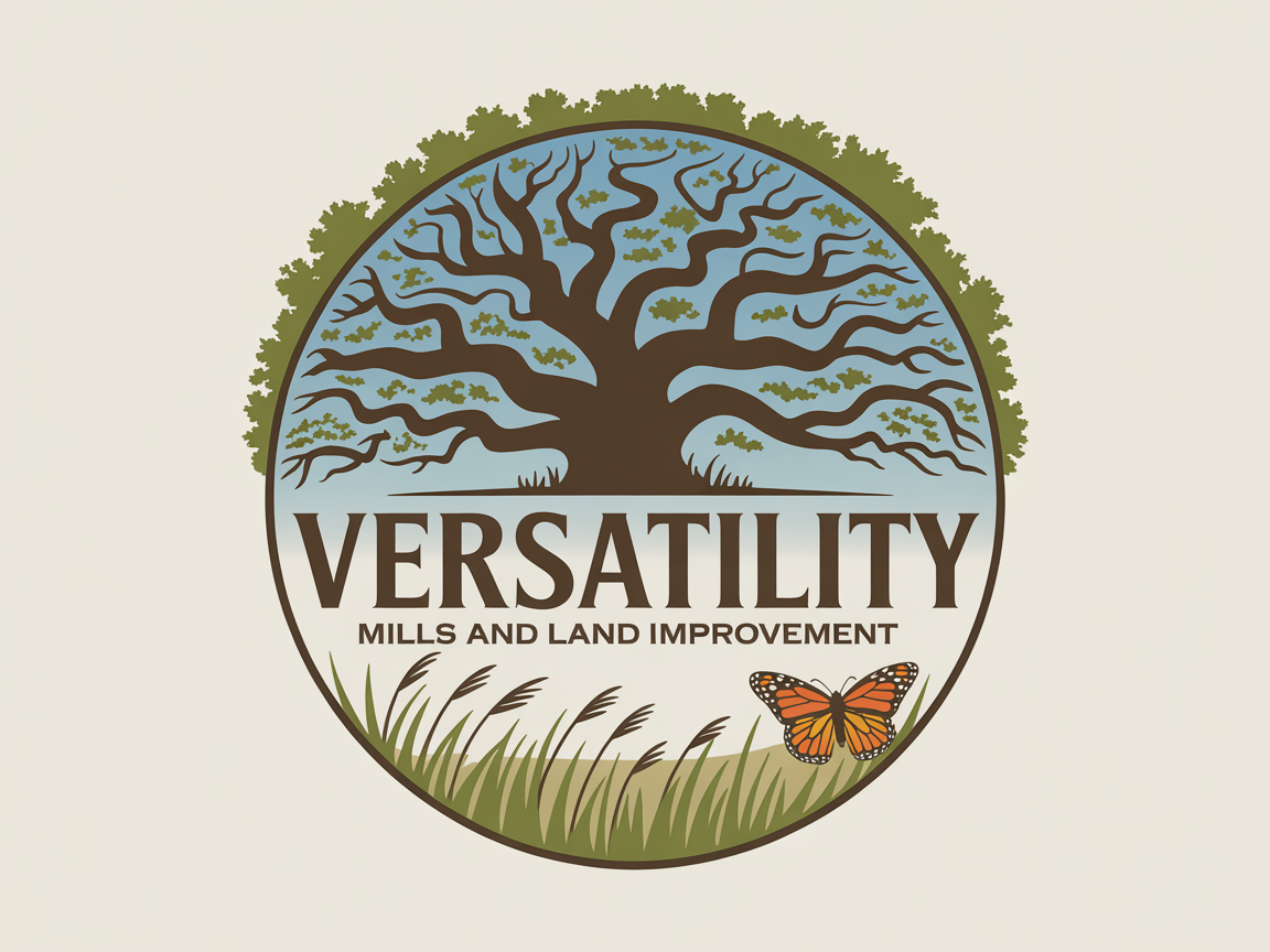 Logo for Versatility Mills and Land Improvement: Chainsaw icon, teal bar, text.