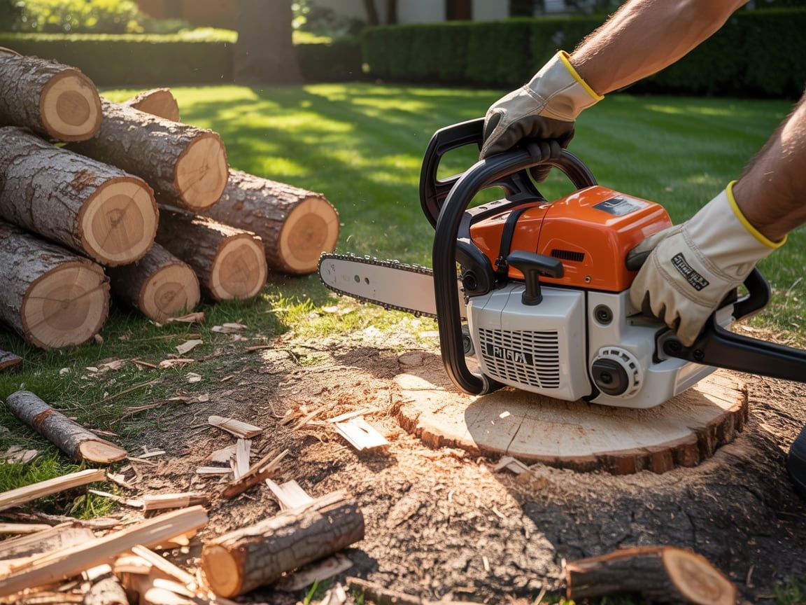 Person using a chainsaw to cut a tree stump in a yard, with logs nearby.